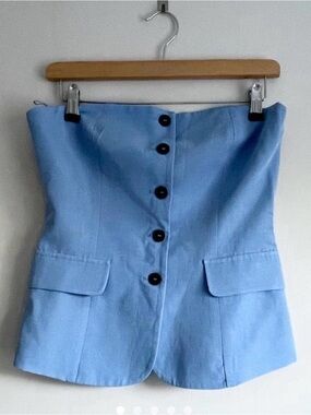 Zara Light Blue Strapless Button-Front Bustier Top